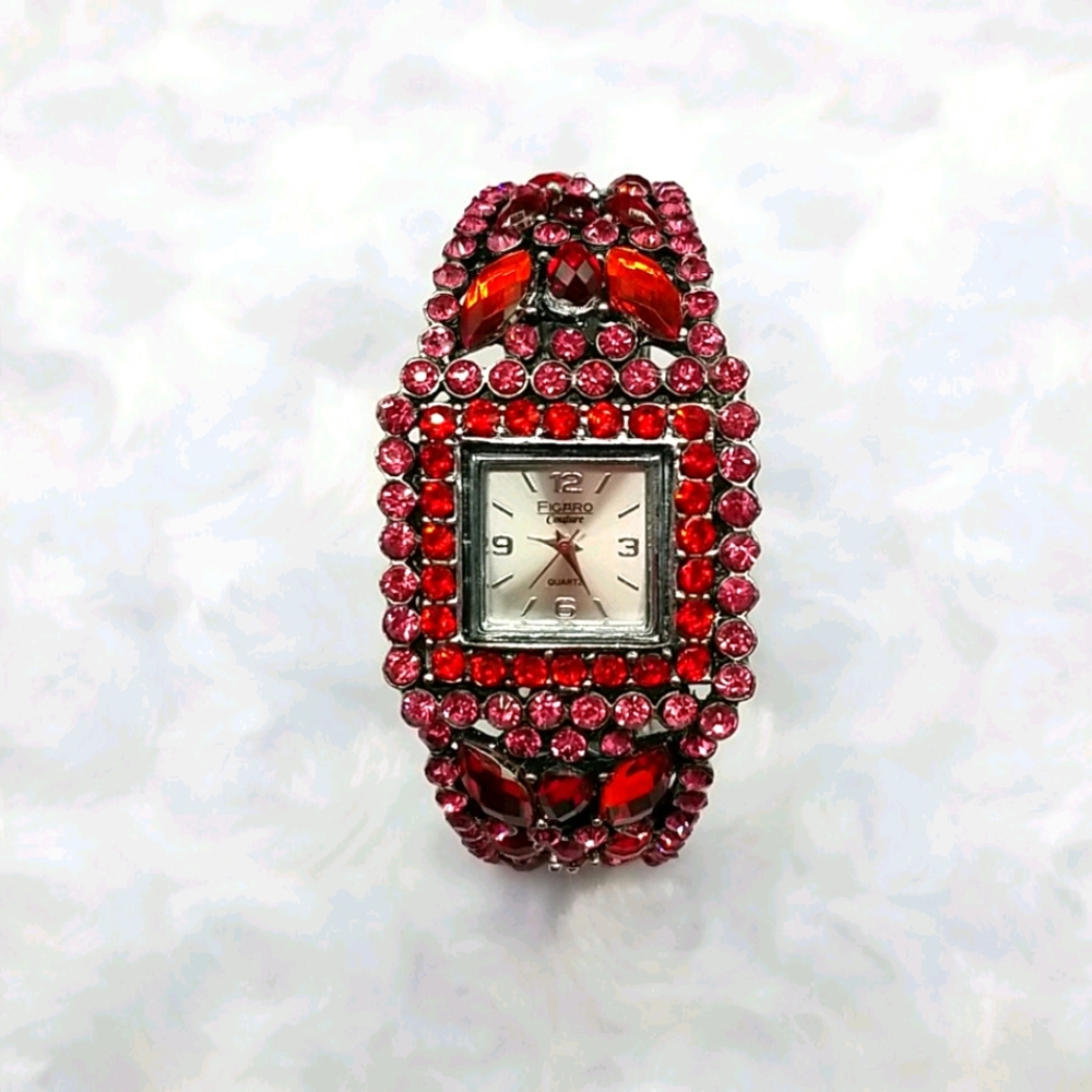 Figaro Couture Red Rhinestone Hinged Bangle Bracelet Watch